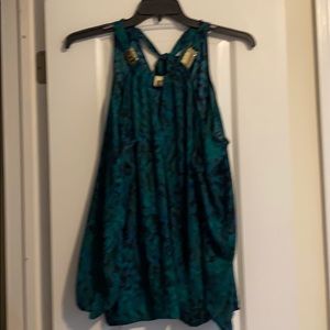 Open shoulder blue green print blouse